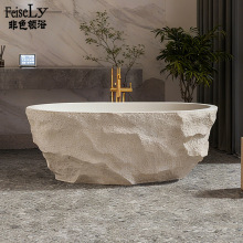 整石雕刻椭圆形浴缸天然洞石材质防污耐腐蚀别墅豪宅酒店浴缸厂家