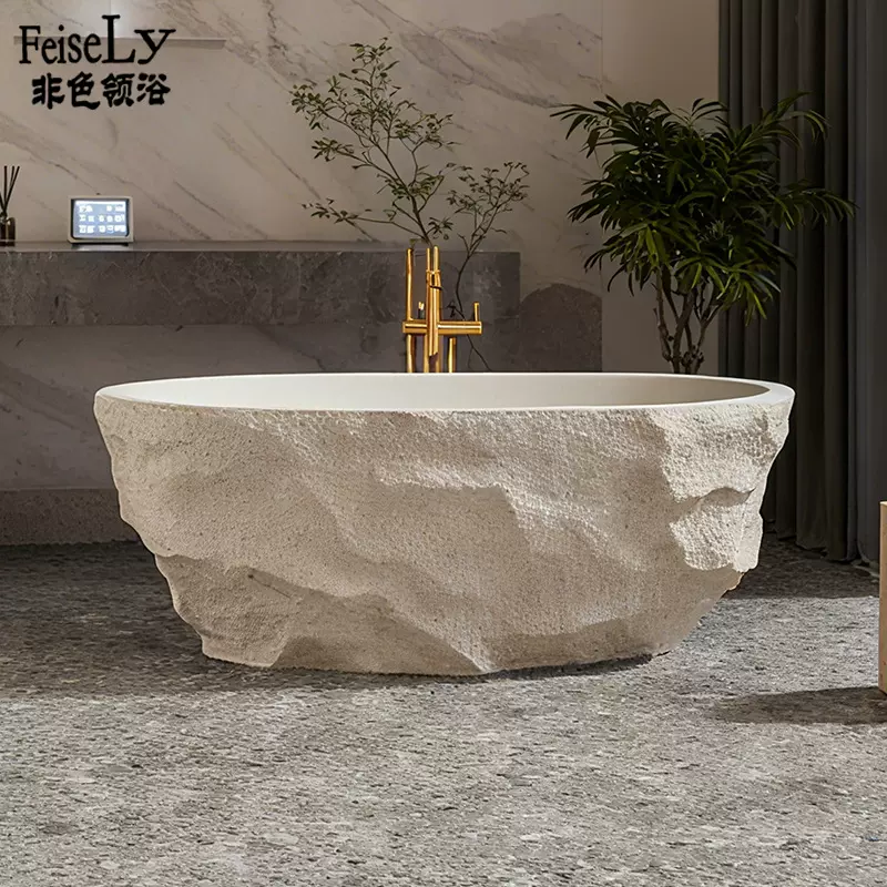 整石雕刻椭圆形浴缸天然洞石材质防污耐腐蚀别墅豪宅酒店浴缸厂家