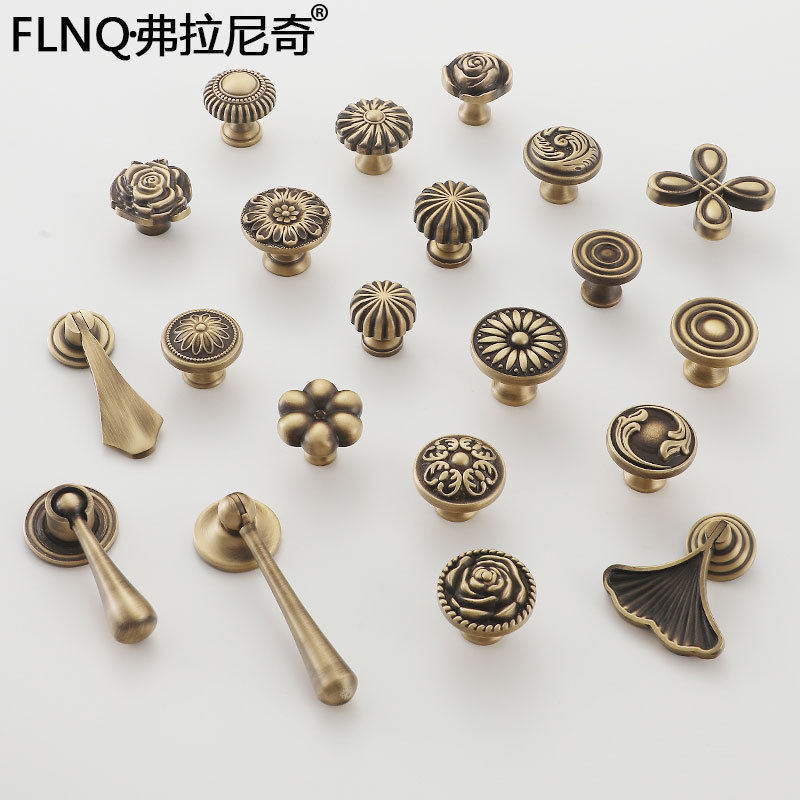 歐式花型櫃門拉手法式古銅單孔實心衣櫃抽屜黃銅把手復古純銅拉手