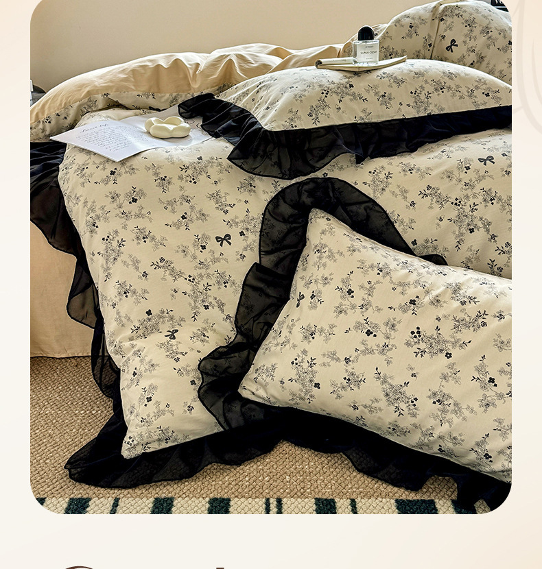 Vintage Floral Duvet Cover Set Pure Cotton Black Lace Bedding_voghion.com