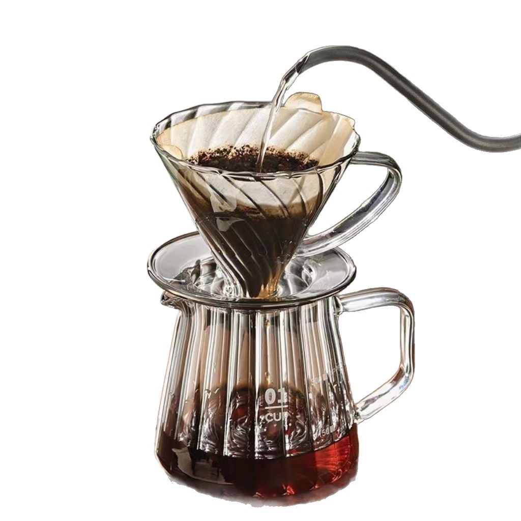 Mayorista de vidrio para la fabricación de café con mano conjunto de taza de filtro de café para compartir hervidor de café utensilios de café taza de filtro de vidrio