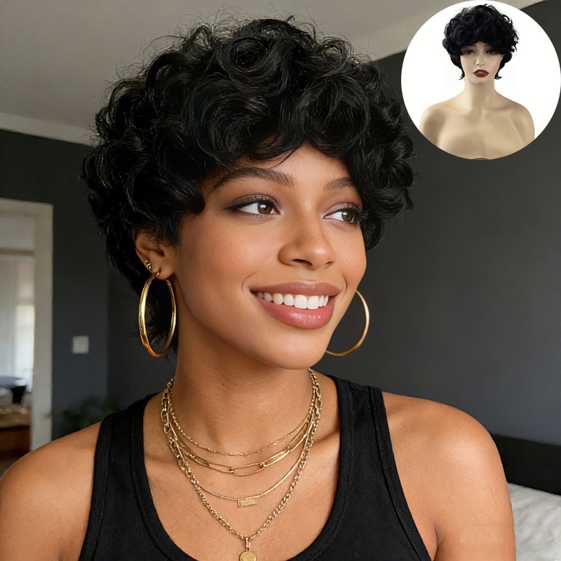Wig women's short curly hair African explosive head small curly hair cross-border foreign trade fashion chemical fiber headgear support a generation of hair