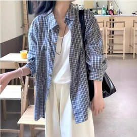 格纹格子长袖衬衫外搭女春夏新款韩系百搭宽松慵懒风衬衣外套
