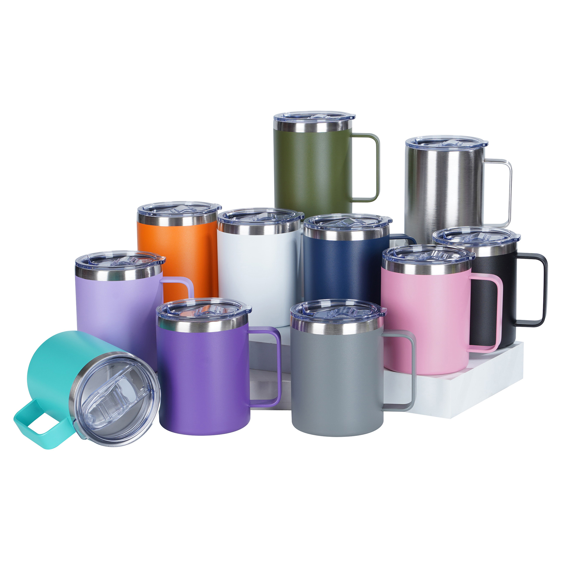 跨境双层真空带盖马克杯304不锈钢保温杯简约便携办公手柄咖啡杯