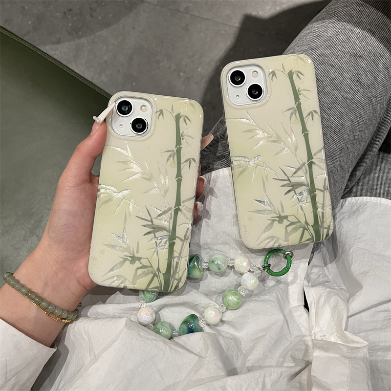 Guofeng ins hilo de plumas bambú verde para iPhone 13 pulsera 14ProMax Apple 15ro funda para teléfono 12