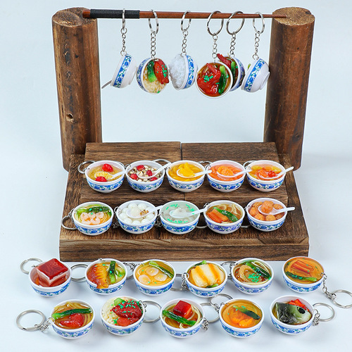 Wholesale rice noodle mini food bowl small bowl ornament imitation blue and white porcelain bowl imitation food pendant keychain