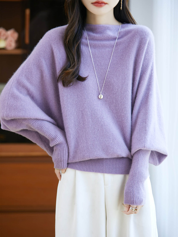 Off-Shoulder Sweater, Lazy Style, Slimming Base Shirt, Trendy French High-End Batwing Sleeve Long Wool Knit Top for Women, Loose Fit