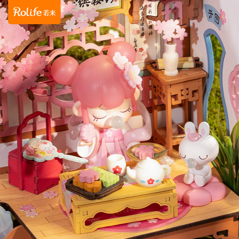 Rolife Rulai nanci Sakura Spring Banquet bricolaje cabaña en miniatura de madera 3d modelo de casa de rompecabezas bloques de construcción de juguete