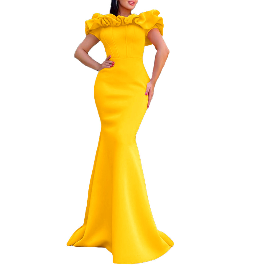 Women's Clothing Fashion Women's Summer Solid Color One Line Collar Fishtail Skirt Long Skirt Evening Dress_voghion.com