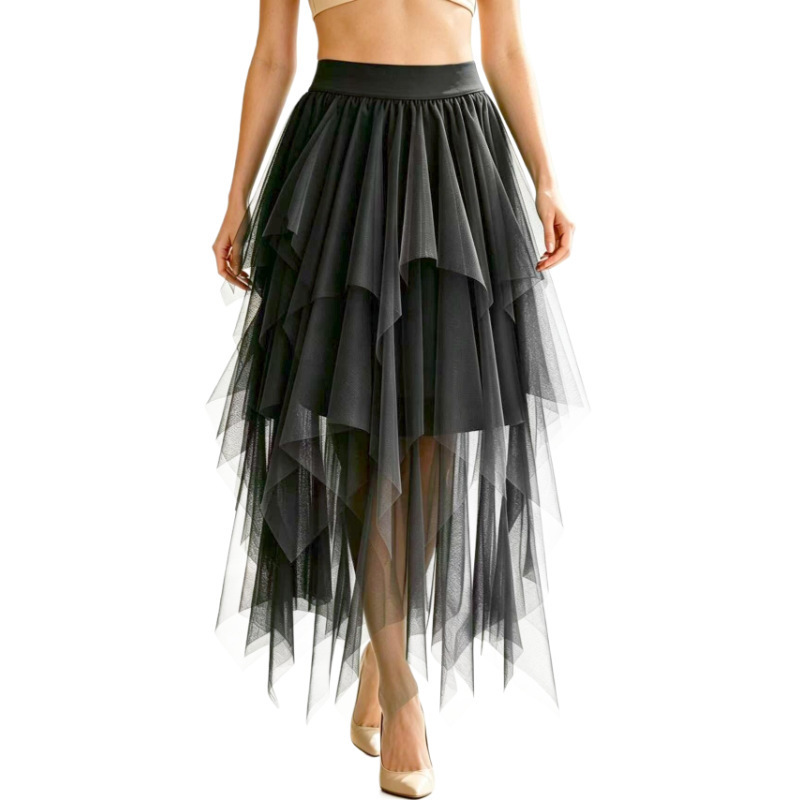 Cross-border spring-summer irregular mesh midi skirt for women, high-waisted, slimming, fairy-style puffy skirt, versatile cake skirt Cross-border spring-summer irregular mesh midi skirt for women, high-waisted, slimming, fairy-style puffy skirt, versatile cake skirt
