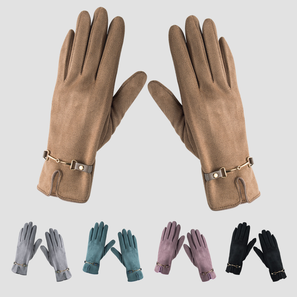 Plus Velvet Chain Gloves Female Autumn And Winter Warmth Riding Driving Solid Color Five-finger Gloves display picture 4