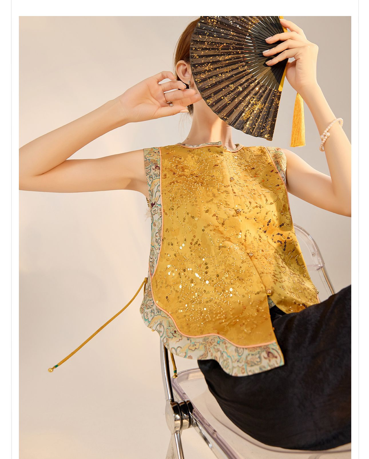 Áo vest gile nữ phong cách retro Tân Trung Hoa, cổ đứng, thêu đính hạt cườm tinh xảo — Vàng chanh chi tiết 7