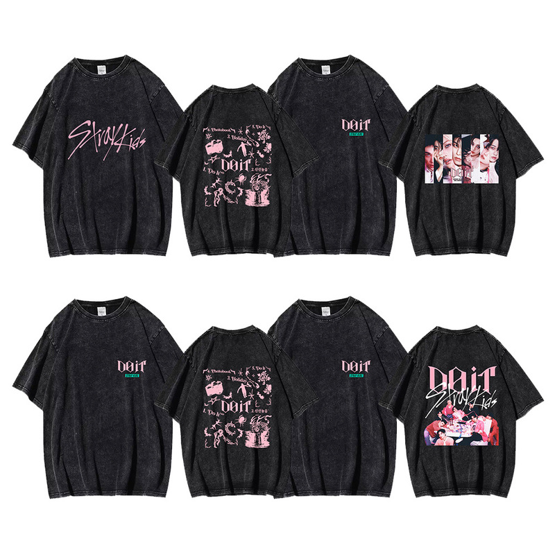 K-Pop Boy Group Straykids Washed Distressed T-Shirt Skz New Album Doit Peripheral Fans Short-Sleeved Women's Cross-Border K-Pop Boy Group Straykids Washed Distressed T-Shirt Skz New Album Doit Peripheral Fans Short-Sleeved Women's Cross-Border