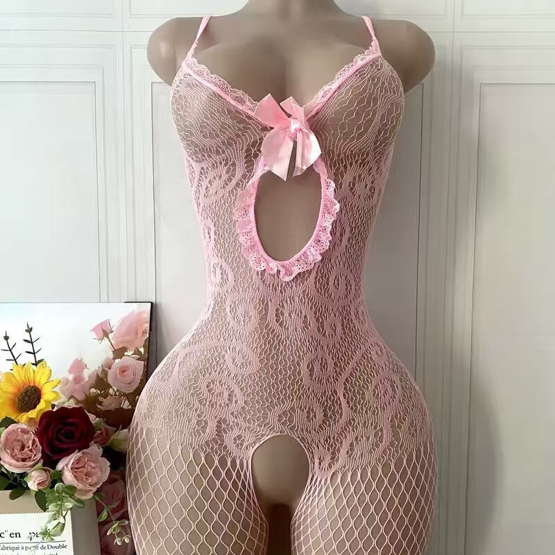 Cross-Border Hot Selling Pink Lace Open Crotch One-Piece Mesh Suspender Cut Out Women's Sexy Intimates