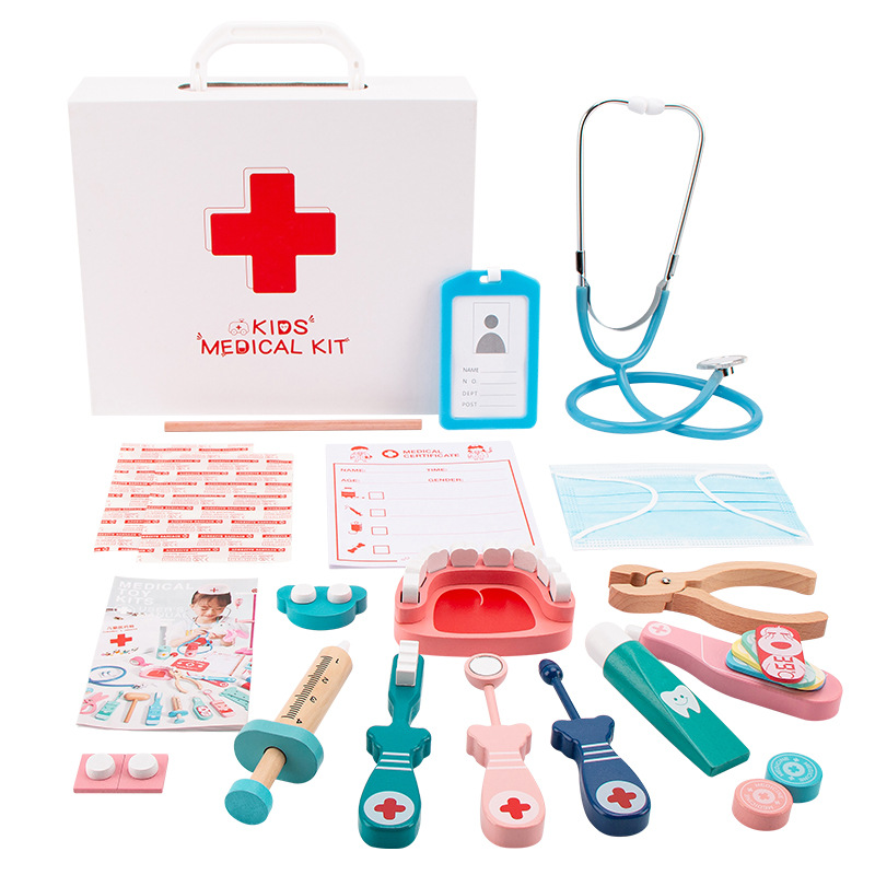 Productos de madera doctor niños juguetes de simulación jugar casa doctor enfermera inyección caja de madera almacenamiento caja de la medicina hombres y mujeres