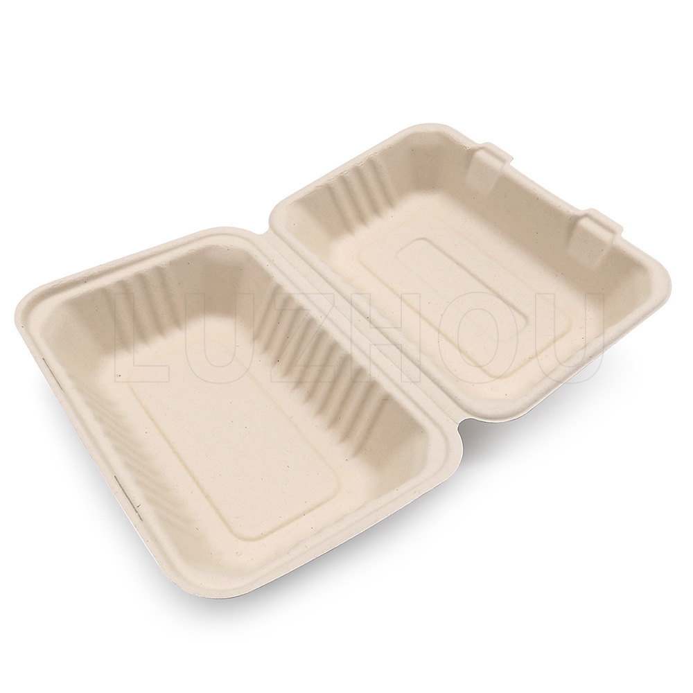 La caña de azúcar Pulpa de bambú P9-inch no rejilla caja de almuerzo caja de bloqueo respetuoso del medio ambiente vajilla desechable degradable compostable