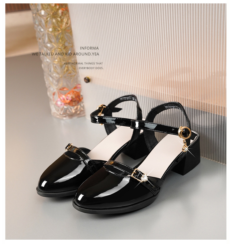 Sandal bít mũi nữ gót thô đi làm đế mềm da thật — Màu đen chi tiết 21