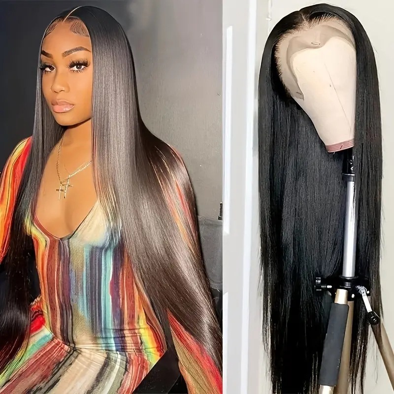 Parrucca in pizzo alla moda con riga centrale, capelli lunghi e lisci, testa intera, sintetica, clip-in con dettagli in pizzo, per uso quotidiano_voghion.com