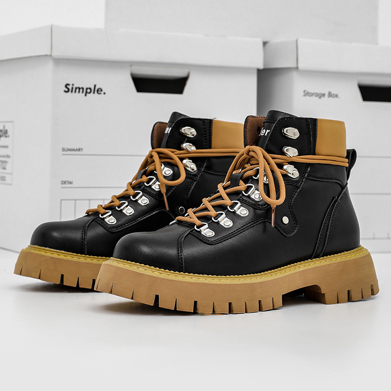 Stivali da motociclista corti e spessi con testa grande, piatti e minimalisti gialli, stile inglese_voghion.com