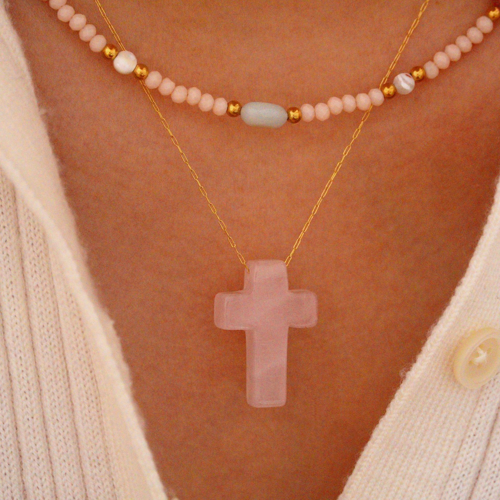 Vacuum Plating Gold Plating Process IG Style French Style Cross Moon Natural Stone Titanium Steel 14K Gold Plated Pendant Necklace In Bulk