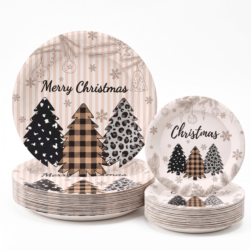 Retro earth-toned Christmas paper plates, bohemian country-style disposable tableware for family gatherings