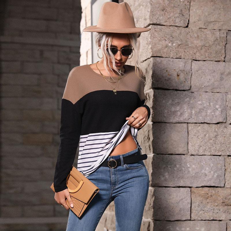 Striped Contrasting Round Neck Long Sleeve Loose Sweater Pullover_voghion.com