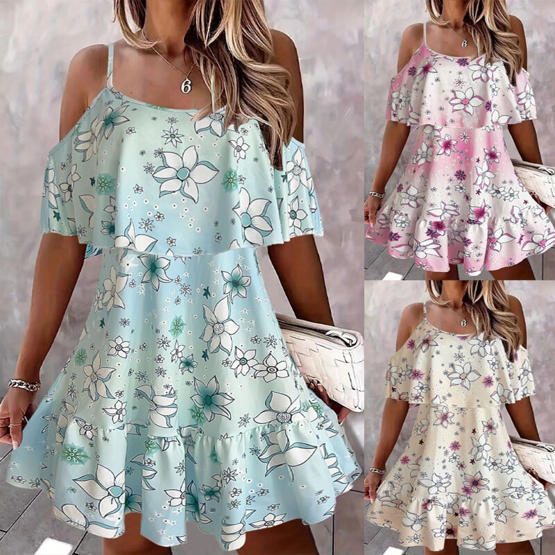 2025 Foreign Trade Summer New European and American Bohemian Floral Print Elegant Cold Shoulder Ruffle Strap Dress 2025 Foreign Trade Summer New European and American Bohemian Floral Print Elegant Cold Shoulder Ruffle Strap Dress