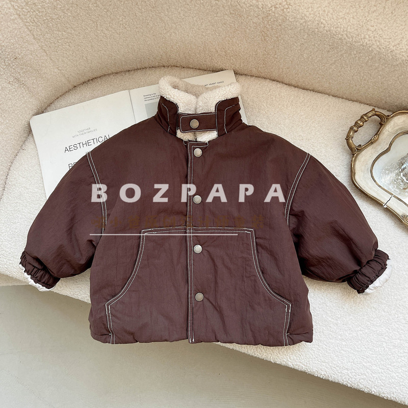 2025 New Winter Boys' Korean Casual Jacket Kidsren's Baby Stand-Up Collar Plush Button Fleece-Lined Warm Jacket