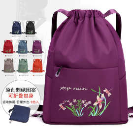 折叠束口袋抽绳大容量双肩包刺绣花卉旅行户外牛津布背包旅游轻便