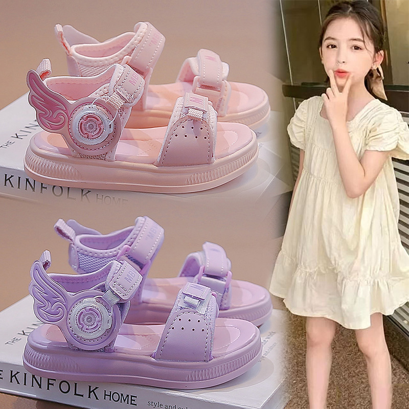 Sandálias de niñas 2026 verano nuevo niño botón giratorio princesa zapatos de playa zapatos de suela suave antideslizante zapatillas frías image 1