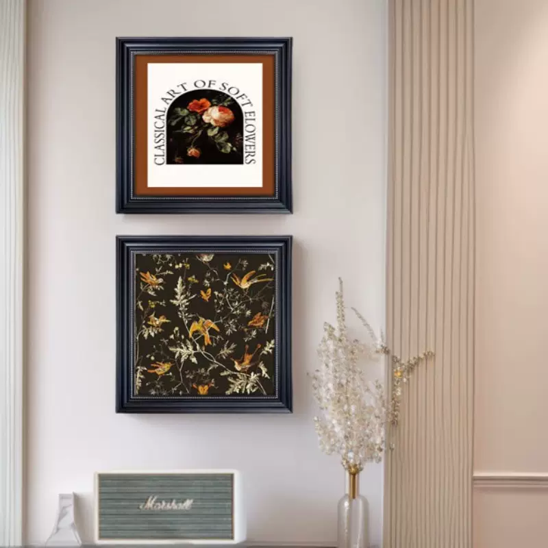 卧室黑色床头复古装饰画法式中古风客厅高级感挂画入户玄关花鸟画