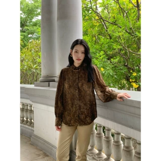 NEIHE内赫天丝麻法式复古印花垂感泡泡袖女式衬衫女早秋季260307