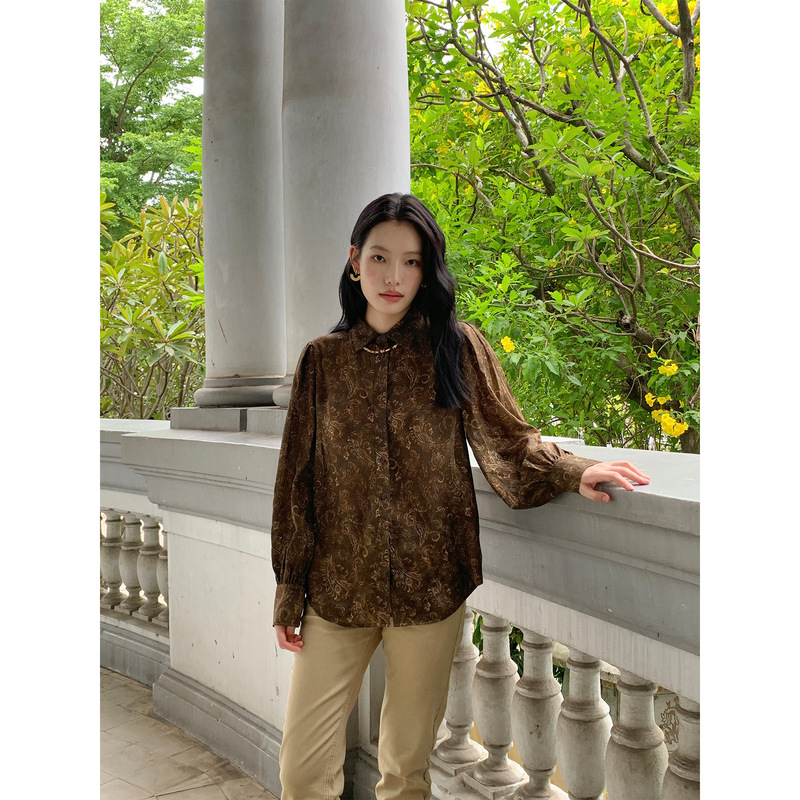 NEIHE French Vintage Print Drapey Puff Sleeve Women's Shirt for Early Autumn 260307 NEIHE French Vintage Print Drapey Puff Sleeve Women's Shirt for Early Autumn 260307