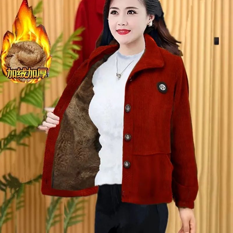 高档加绒保暖外套新款灯芯绒外套女秋冬季防寒中老年妈妈加厚女装|undefined