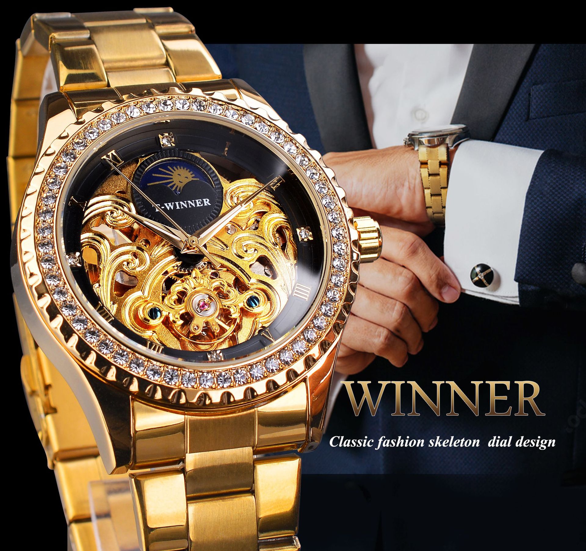 Nuevo ganador europeo y americano estilo Sol rueda hombres moda hueco retro rhinestone reloj automático reloj mecánico