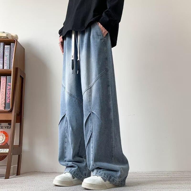 American retro washed denim jeans for men, elastic waist casual pants, loose fit, pleated, 2026 new model, straight-leg long pants American retro washed denim jeans for men, elastic waist casual pants, loose fit, pleated, 2026 new model, straight-leg long pants
