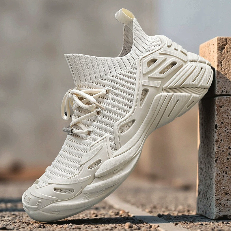 Лето 2025 г., сетчатая обувь Flyknit, дышащая легкая спортивная обувь без шнуровки на толстой подошве, уличная повседневная походная обувь, мужская мягкая подошва