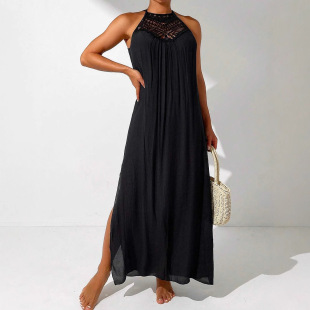 2025 Summer Solid Color Long Slit Dress Casual Halter Neck Beach Vacation Cover-Up Beautiful Photo Beach Dress