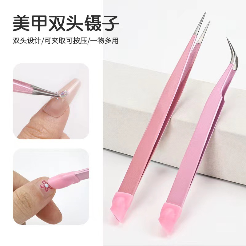 Pinzas multifuncionales de dos cabezas para uñas transfronterizas, abrazaderas de diamantes, barras de presión de silicona, pegatinas de uñas, herramientas de uñas