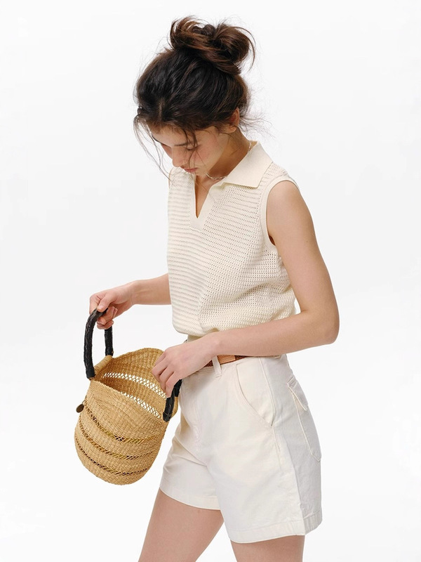 坑条肌理感针织短袖polo领背心女夏新款镂空显瘦无袖上衣|undefined