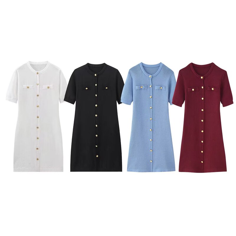 Cross-Border European and American 2025 Summer Women's Popular Weight-Added Four-Color Knitted Short-Sleeved Button Sweater Dress