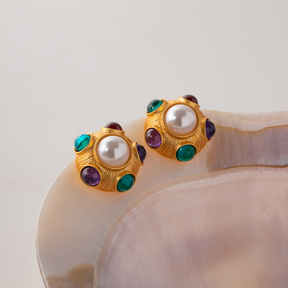 Vintage Style Geometric Copper Inlay Artificial Pearls Ear Studs 1 Pair