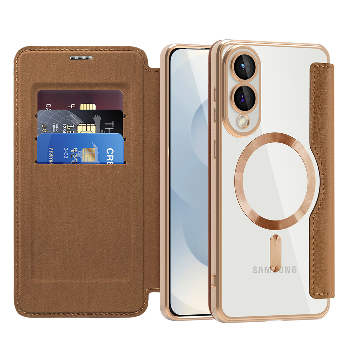 Adecuado para Samsung S25Edge Golden Shield Magnetic Business Cube Funda de cuero S24FE Tarjeta de enchufe Película de lente Flip Funda para teléfono a prueba de caídas