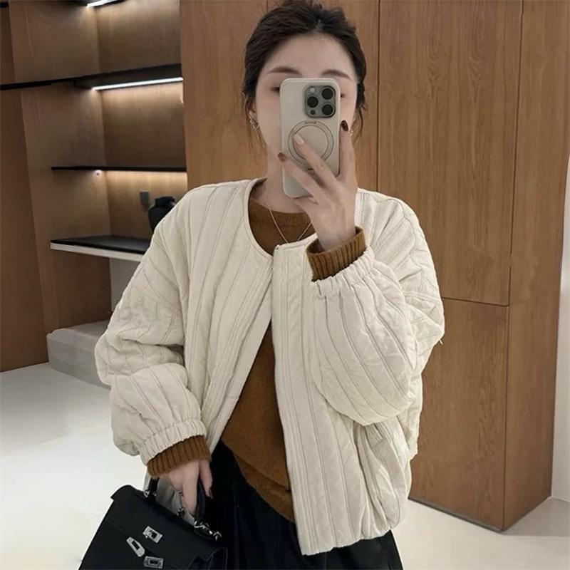 Korean Style Lightweight Quilted Texture Round Neck Zipper Cream White Cotton Jacket for Women 2025 Autumn and Winter New Versatile Top