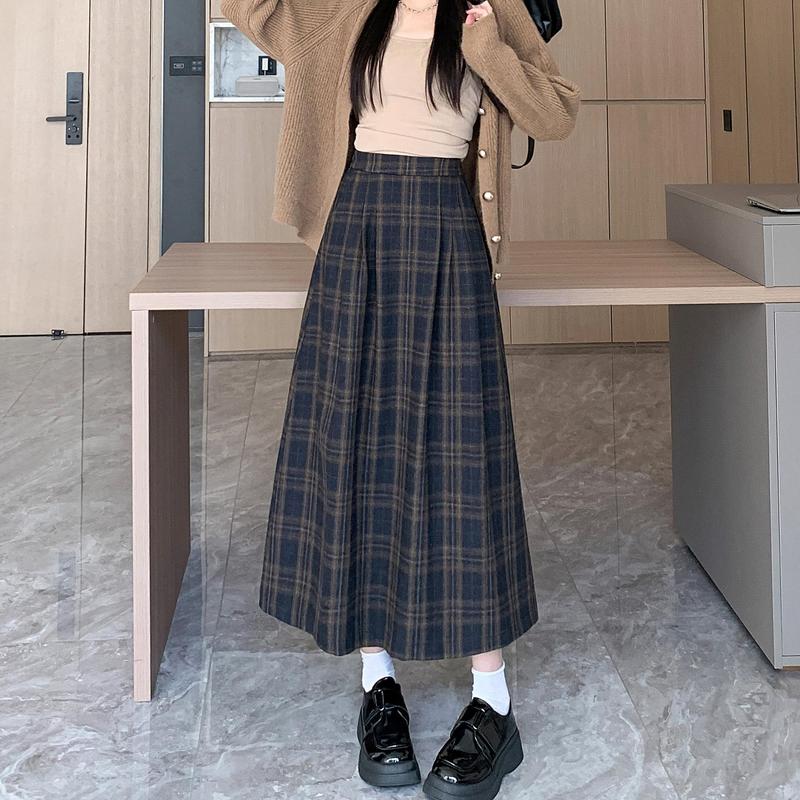 实拍 日系复古毛呢格子半身裙女冬百褶裙格纹长裙伞裙中长款A字裙|undefined