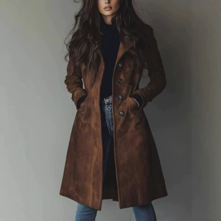 2026欧美亚马逊跨境 女装 秋冬外套翻领西部风麂皮绒长款风衣外套
