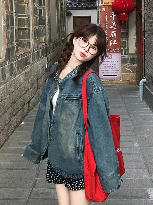 港风复古时尚做旧牛仔外套女2025春秋季新款宽松显瘦休闲通勤上衣|undefined