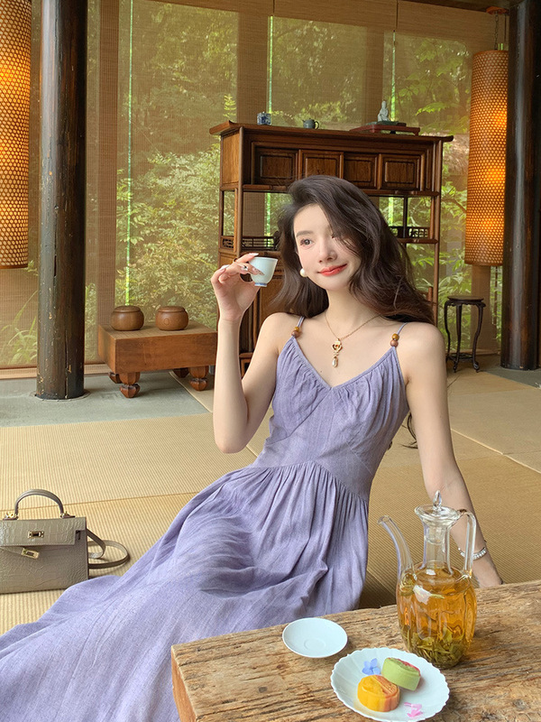 ドーパミン美しい紫色のサスペンダードレス女性の夏 520 デートアイランドバケーションウエストビーチスカート|undefined