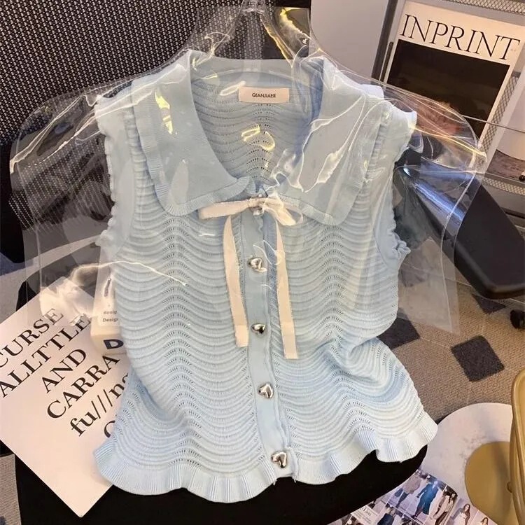 甜美蝴蝶结系带娃娃领拼接小背心女夏季新款爱心纽扣设计百搭上衣|undefined