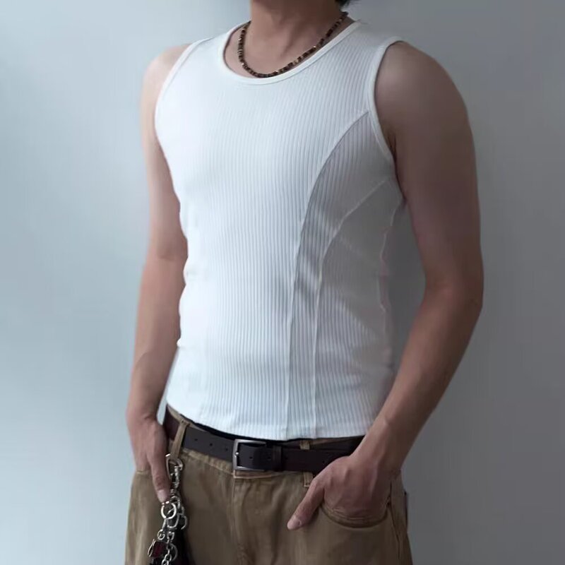 American Style Heavy Cotton Threaded Vest Muscle Men's Tight Elastic Sleeveless T-shirt Open Line Stitching Base Waistcoat